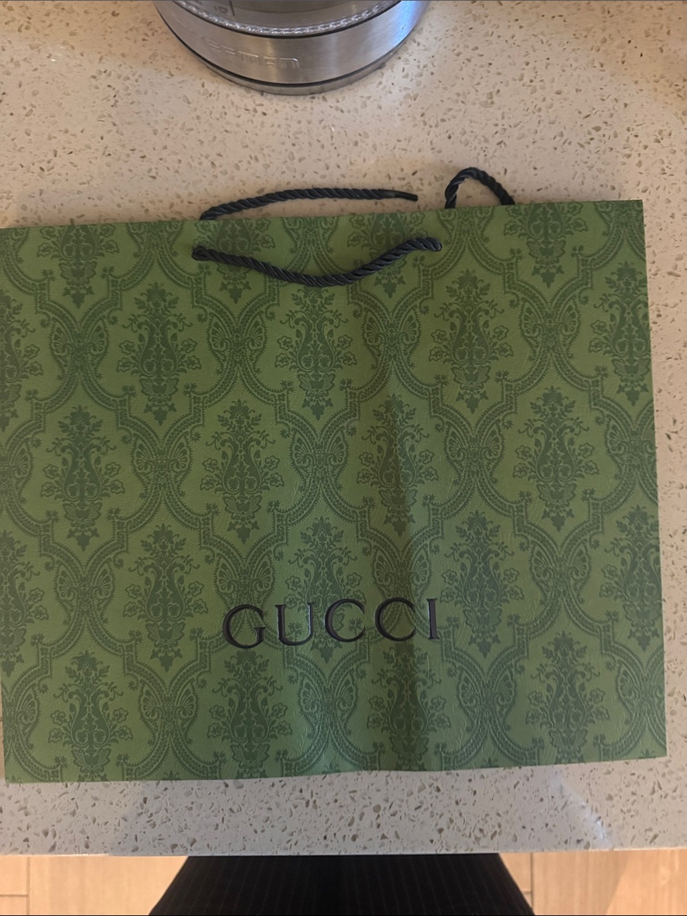 Gucci Green Patterned Shopping Bag with Black Rope Handles